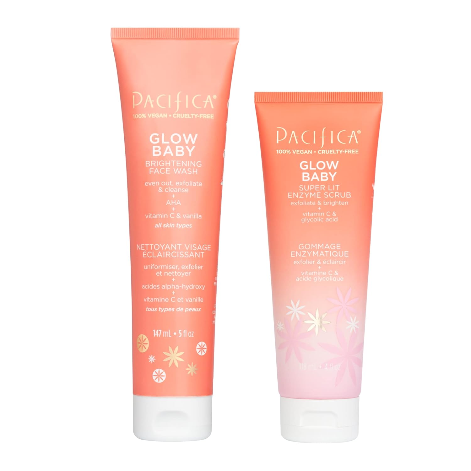 Pacifica Beauty Glow Baby Brightening Face Wash & Enzyme Face Scrub Set, Skincare, Vitamin C, Glycolic Acid, Vitamin E, Facial Cleanser, Exfoliator, Skin Care, Vegan, 5 Fl Oz And 4 Fl Oz (Set Of 2)