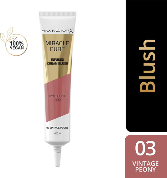 Max Factor Miracle Pure Cream Blush 03 Vintage Peony, Moisturising, Plumps & Hydrates, Buildable Glow, Infused With Hyaluronic Acid & Squalene, Fresh & Healthy Looking Skin, 100% Vegan