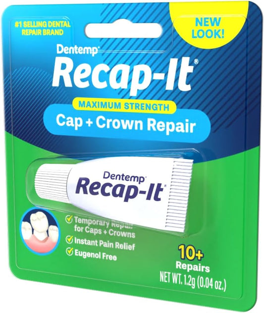 Dentemp Recap-It Cap and Crown Repair Dental Kit - Fast Acting Formula Dental Cement for Loose Caps (Pack of 1) - Temporary Cement for Crown and Bridge