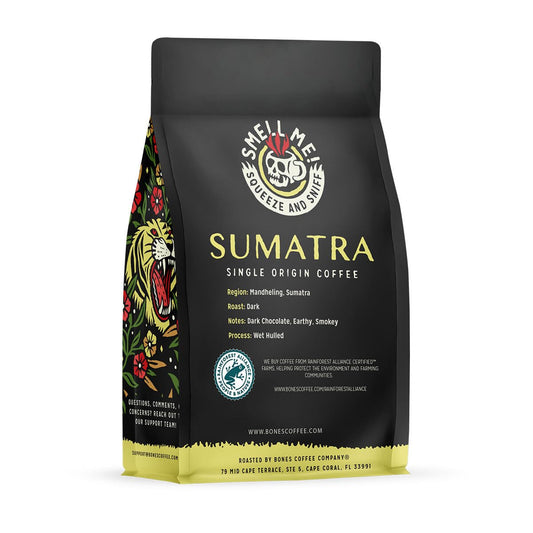 Bones Coffee Company Sumatra Single-Origin Ground Coffee Beans | 12 oz Low Acid Dark Roast Gourmet Coffee | Flavored Coffee Gifts & Beverages (Ground)