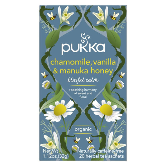 Pukka Chamomile, Vanilla & Manuka Honey Herbal Tea, Caffeine-Free, Fair Trade, Kosher, Usda Certified Organic, Non-Gmo, 20 Tea Sachets (Pack Of 4)