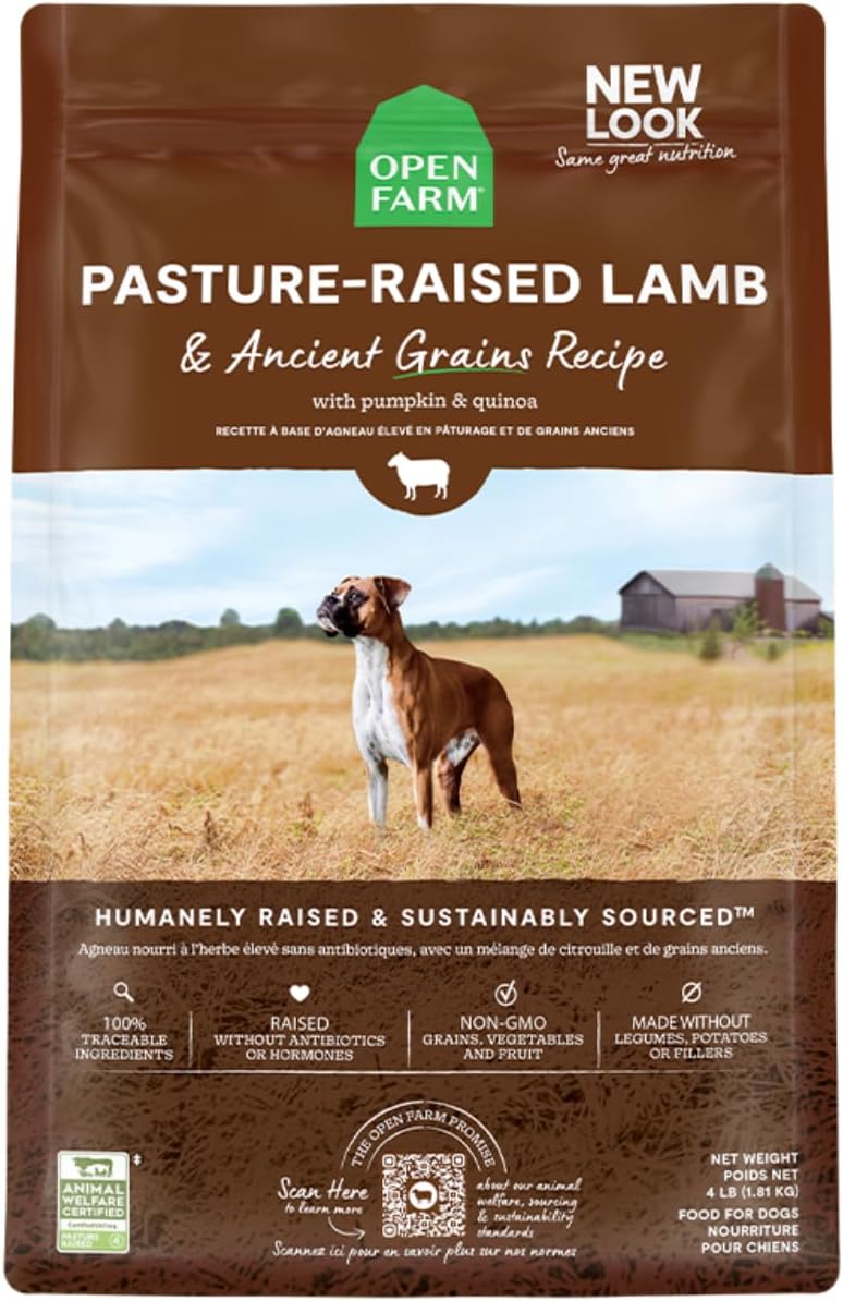 Open Farm Ancient Grains Dry Dog Food, Humanely Raised Meat Recipe with Wholesome Grains and No Artificial Flavors or Preservatives (Pasture Raised Lamb Ancient Grain, 4 Pound (Pack of 1))