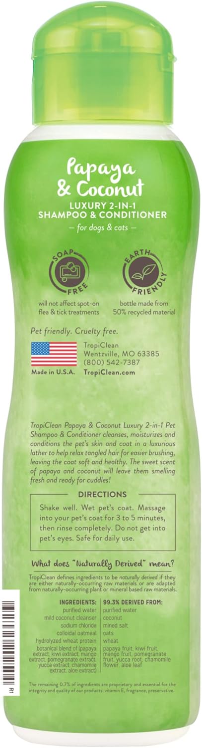 TropiClean Dog Shampoo Grooming Supplies - Luxury 2-in-1 Shampoo & Conditioner - Dog and Cat Shampoo & Conditioner - Derived from Natural Ingredients - Used by Groomers - Papaya & Coconut, 355ml?TRPYSH12Z