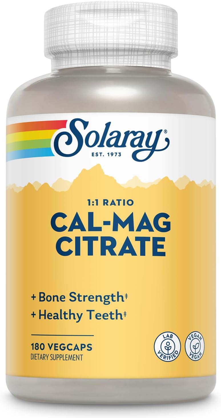 Solaray Calcium Magnesium Citrate 1:1 Ratio, Healthy Bones, Teeth, Muscle & Nervous System Support, 30 Serv, 180 Vegcaps