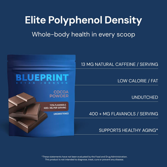 Blueprint Bryan Johnson Non Dairy Cocoa Powder - 7.5% Flavanols, 100% Pure Cocoa, Low Fat Unsweetened Cocoa, Undutched, Keto Friendly, Great For Baking & Cooking, Tested For Heavy Metals (12 Ounces)