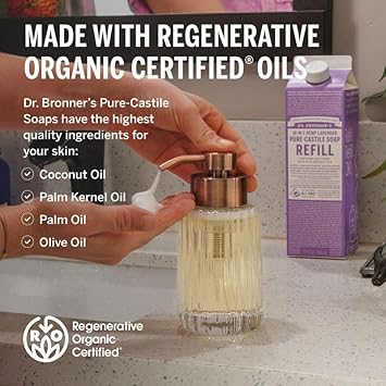 Dr. Bronner'S Pure-Castile Liquid Soap Bottle & Refill Carton - Made With Regenerative Organic Certified Oils, 82% Less Plastic-18-In-1 Uses For Face, Body Wash, Hand Soap Refill- Lavender,32Oz