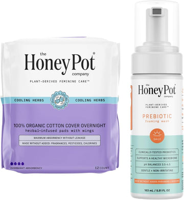 The Honey Pot Company - Overnight Pads & Prebiotic Feminine Wash Bundle - Herbal Infused W/Essential Oils - Natural Hygiene Feminine Products - Sanitary Pads - Feminine Care - Fsa & Hsa Eligible