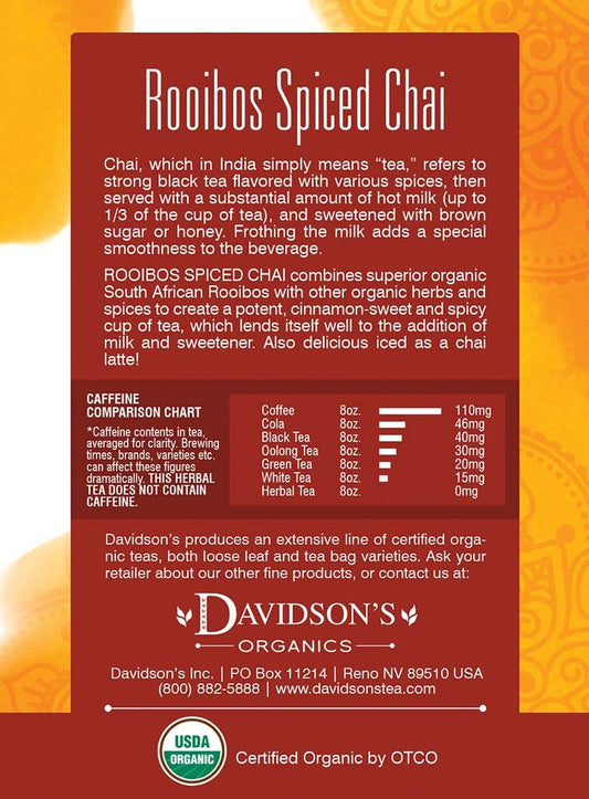 Davidson'S Organics, Rooibos Spiced Chai, 8-Count Tea Bags, Pack Of 12