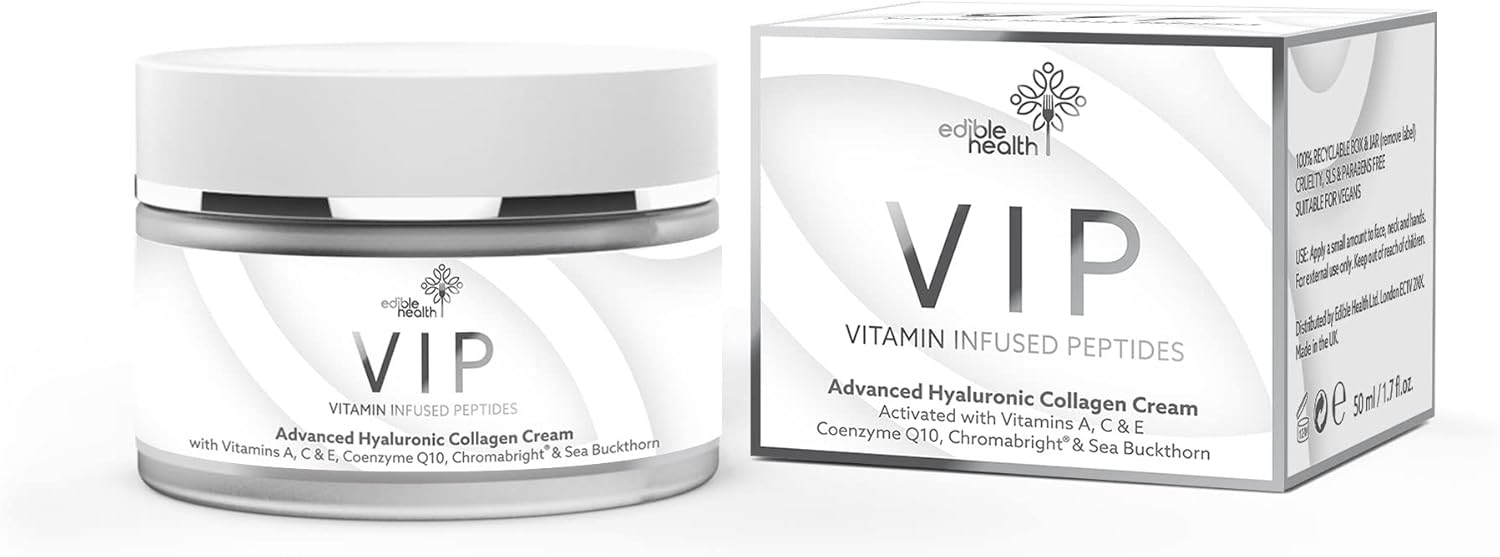 Vitamin Infused Peptides. Advanced Anti-Ageing Collagen Cream + Hyaluronic Acid. Day & Night Cream. Brightening & Hydrating Vegan Collagen Moisturiser. Vitamin A, C, + E. 50Ml