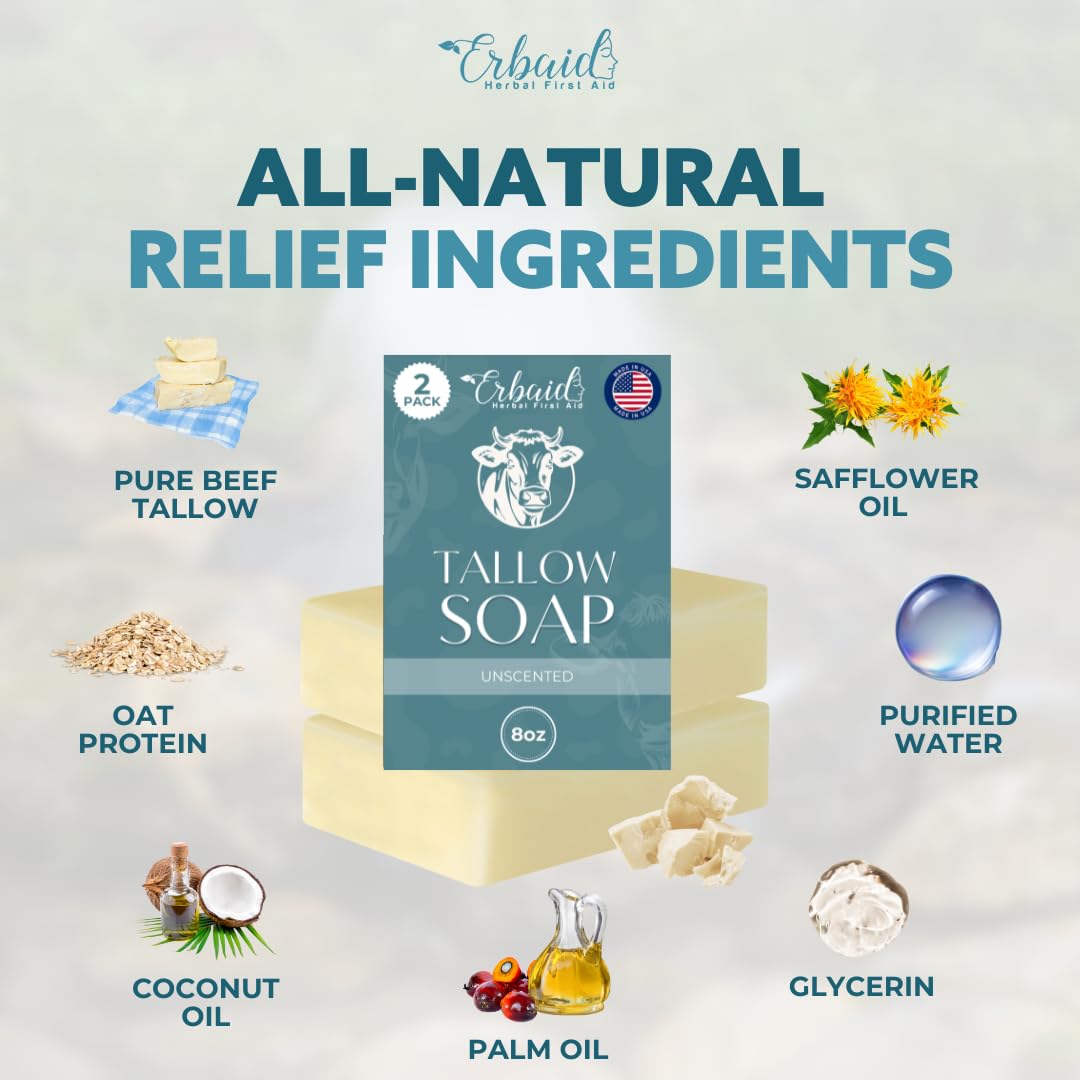 Beef Tallow Soap Bar – All Natural Grass Fed Tallow Soap Unscented – Moisturizing Face & Body Wash Great For Eczema, Dry, Itchy, Sensitive Skin – Handcrafted Bath Soap For Adults, Kids, Made In Usa