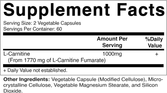 Vitamatic L-Carnitine Fumarate 1000 mg - 120 Vegetable Capsules (1 Bottle)