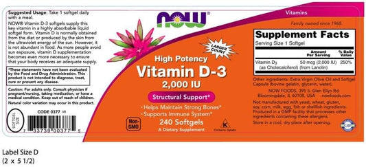 Now Foods Supplements, Vitamin D-3 2,000 Iu, High Potency, Structural Support*, 240 Softgels