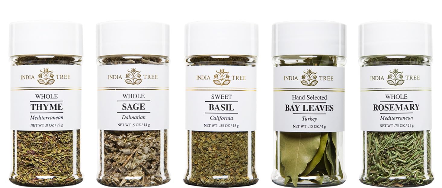 India Tree Kitchen Herb Essentials Gift Pack - 5 Jars Of Mediterranean Thyme, Dalmatian Sage, California Basil, Turkish Bay Leaves, And Mediterranean Rosemary