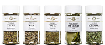 India Tree Kitchen Herb Essentials Gift Pack - 5 Jars Of Mediterranean Thyme, Dalmatian Sage, California Basil, Turkish Bay Leaves, And Mediterranean Rosemary