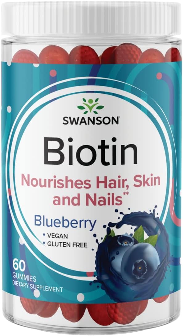 Swanson Biotin Gummies - Daily Supplement Promoting Energy Production & A Healthy Body - All Natural Formula to Help Healthy Hair, Skin, and Nails - (Blueberry, 60 Gummies)