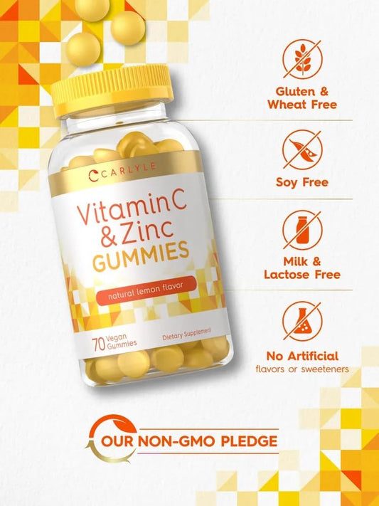 Carlyle Vitamin C And Zinc Gummies | 70 Count | Vegan, Non-Gmo, And Gluten Free Supplement | Lemon Flavor