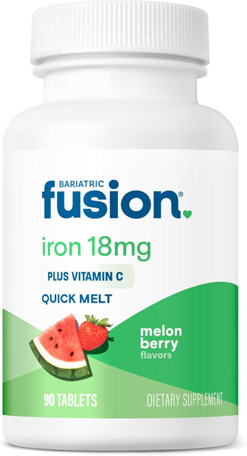 Bariatric Fusion Iron Supplement For Women Quick Melt | Sugar Free Dissolvable Chewable Iron Tablets | Ferrous Fumarate 18 Mg Iron With Vitamin C | Melon Berry | Gluten, Dairy And Soy Free | 90 Count