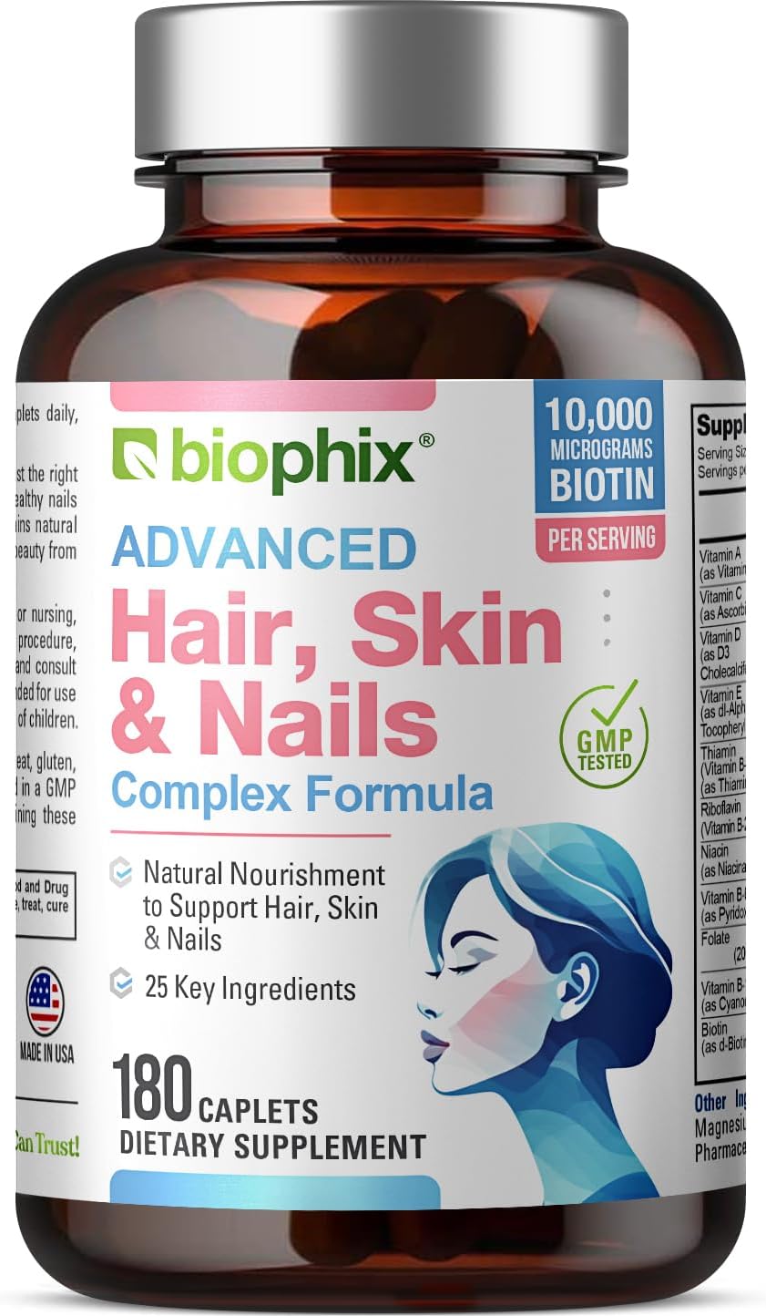 Biophix Hair Skin And Nails Complex 180 Caplets With 10,000 Mcg Biotin - Multivitamin Supports Strong Nails Beautiful Hair Healthy Aging