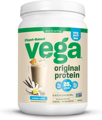 Vega Original Protein Powder, Creamy Vanilla Plant Based Protein Drink Mix For Water, Milk And Smoothies, 32.5 Oz