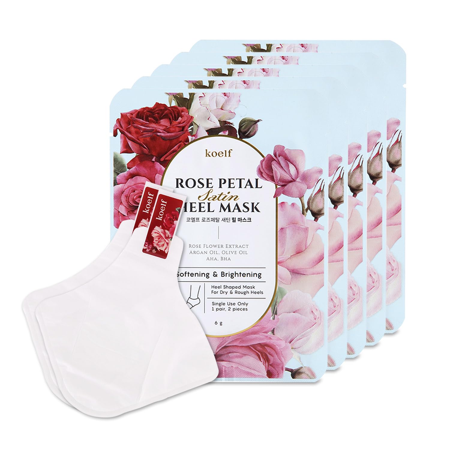 Petitfee Rose Petal Satin Heel Mask (5Pairs) - Moisturizes & Softens Dry And Cracked Heels, Rose Scented Heel Repair Masks With Shea Butter, Urea, Bha, Aha For Smooth Heels, Heel Treatment