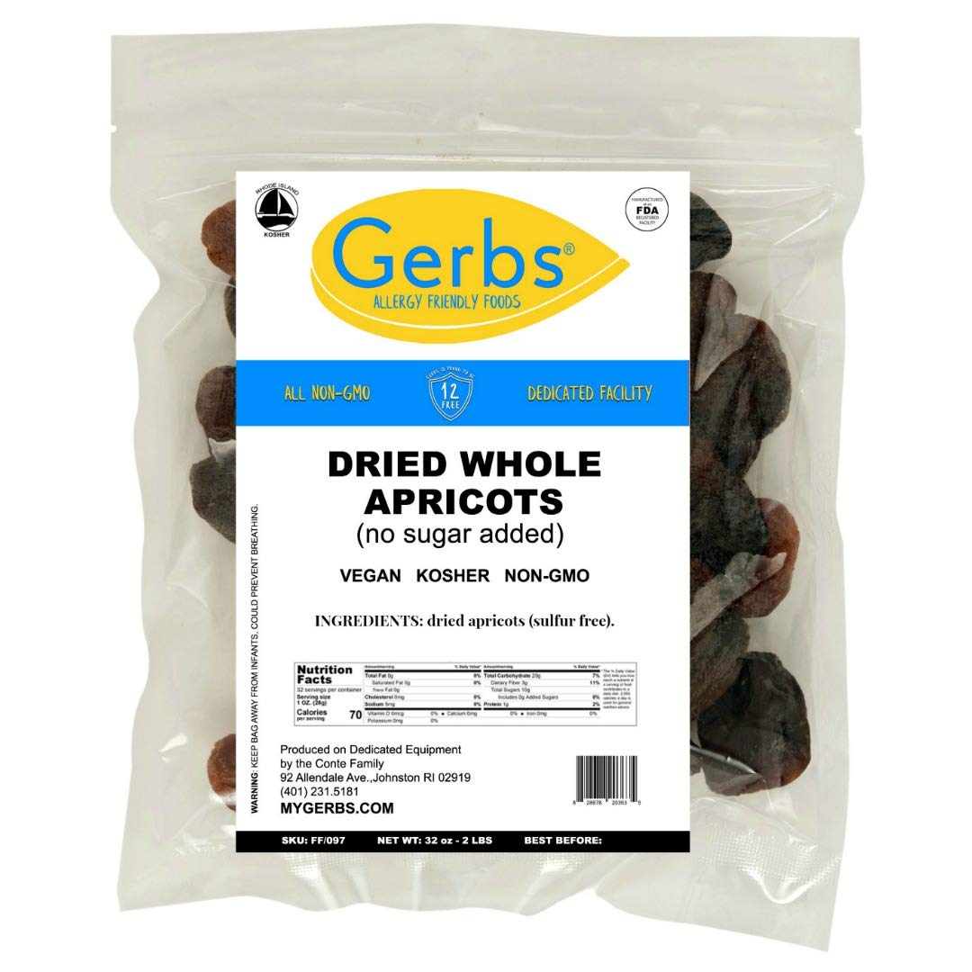 GERBS Dried Apricots 2 LBS. | Freshly Dehydrated Packed in Resealable Bulk Bag | Top Food Allergy Free | Sulfur Dioxide Free |Great with yogurt, cottage cheese, oatmeal | Gluten Peanut & Tree Nut Free