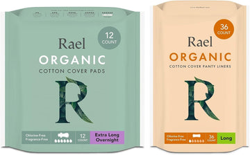 Rael Period Bundle - Organic Cotton Cover Pads (Extra Long Overnight,12 Count) & Liners (Long, 36 Count)