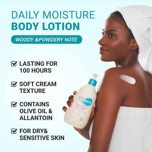 DERMA B Daily Moisture Body Lotion, Non-Greasy Long-Lasting Moisturizer for Dry & Sensitive Skin with Olive Oil & Allantoin, Woody & Powdery Scented Skincare with Panthenol,13.5 Fl Oz, 400ml,Kbeauty