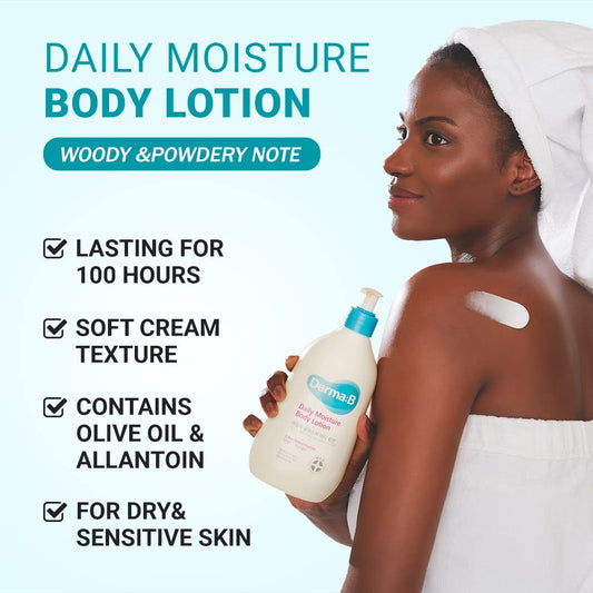 Derma B Daily Moisture Body Lotion, Non-Greasy Long-Lasting Moisturizer For Dry & Sensitive Skin With Olive Oil & Allantoin, Woody & Powdery Scented Skincare With Panthenol,13.5 Fl Oz, 400Ml,Kbeauty