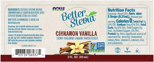 Now Foods, Better Stevia, Liquid Zero-Calorie Sweetener, Cinnamon Vanilla Flavor, Certified Non-Gmo, 2 Fl Oz