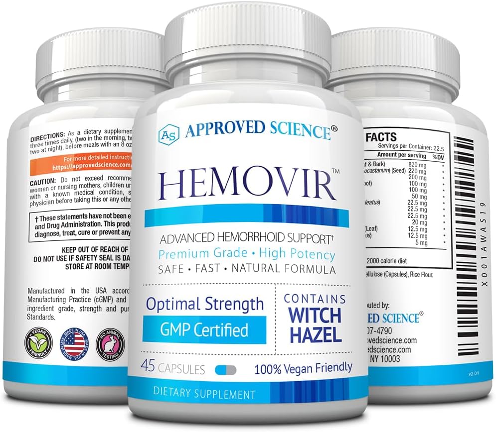 Approved Science Hemovir - Hemorrhoid Support Supplement - 45 Capsules - Stops Itching and Optimizes Blood Flow, Restores Damaged Skin Tissue - Vegan, Non GMO, Made in The USA