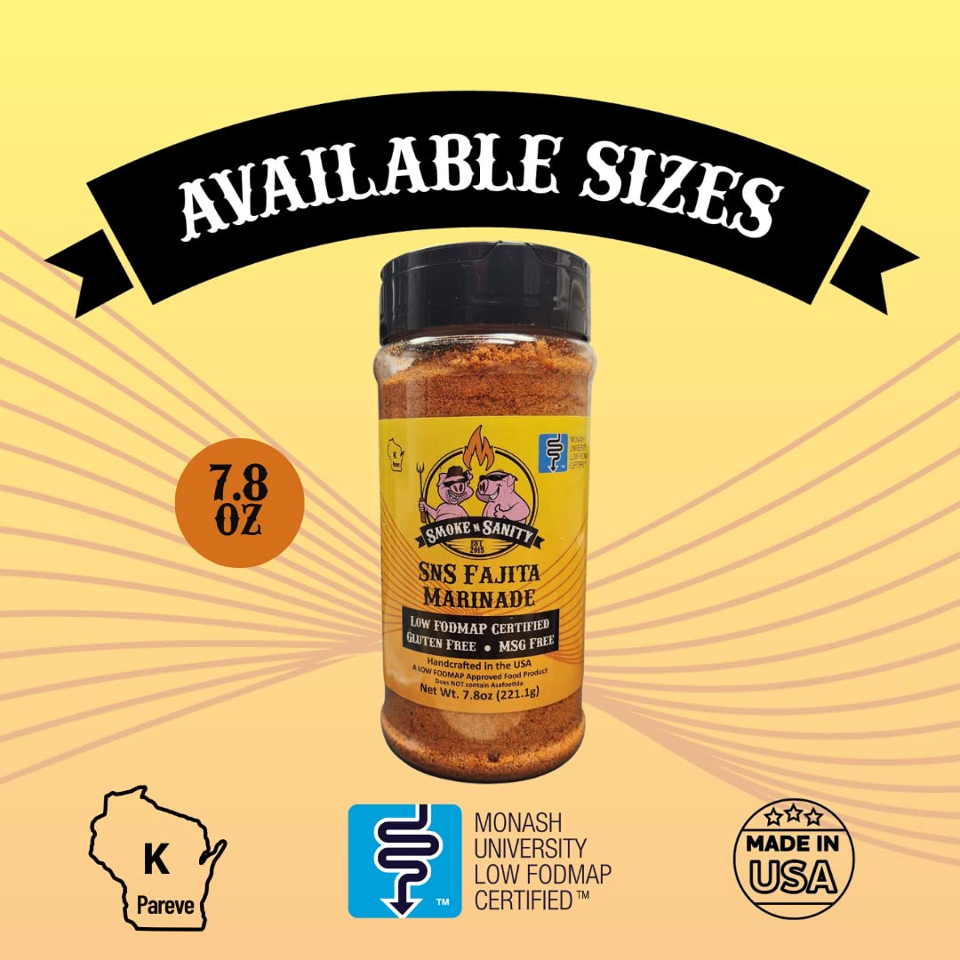 Smoke N Sanity - Sns Fajita Marinade, Monash Certified Low Fodmap, Gluten Free, Certified Kosher, Dairy Free, Low Fodmap Food, Vegetarian (7.8 Oz Shaker) : Grocery & Gourmet Food