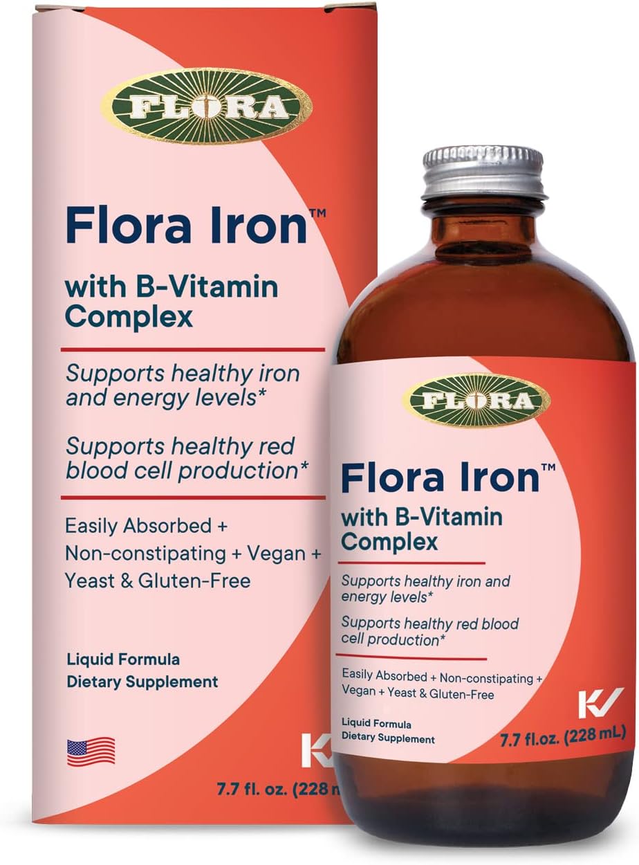 Flora Iron With B-Vitamin Complex - Helps Maintain Healthy Iron Levels - Non-Constipating, Highly Absorbable - Vitamin-B & Liquid Iron - Vegan Supplement - Yeast & Gluten Free, 7.7-Oz. Glass Bottle