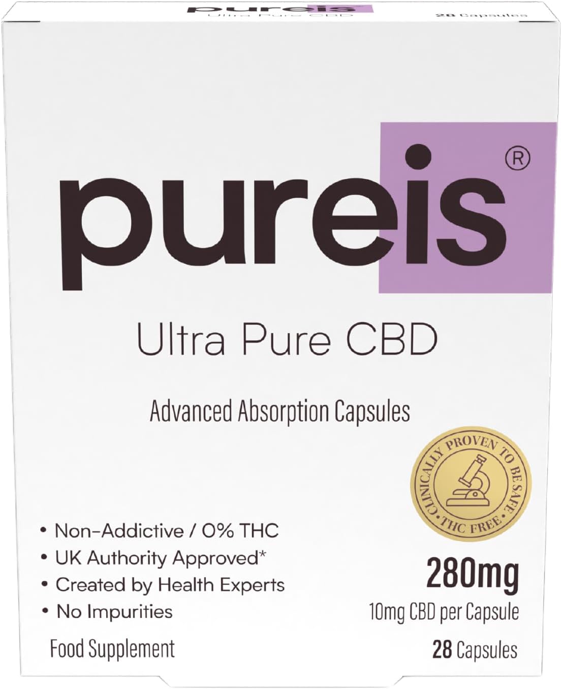 Pureis Cbd Capsules, Ultra Pure, Advanced Absorption - Cbd Supplement Fast Absorption - 10Mg - 0% Thc, Non-Addictive, Vegan, Gluten-Free - 28 Capsules