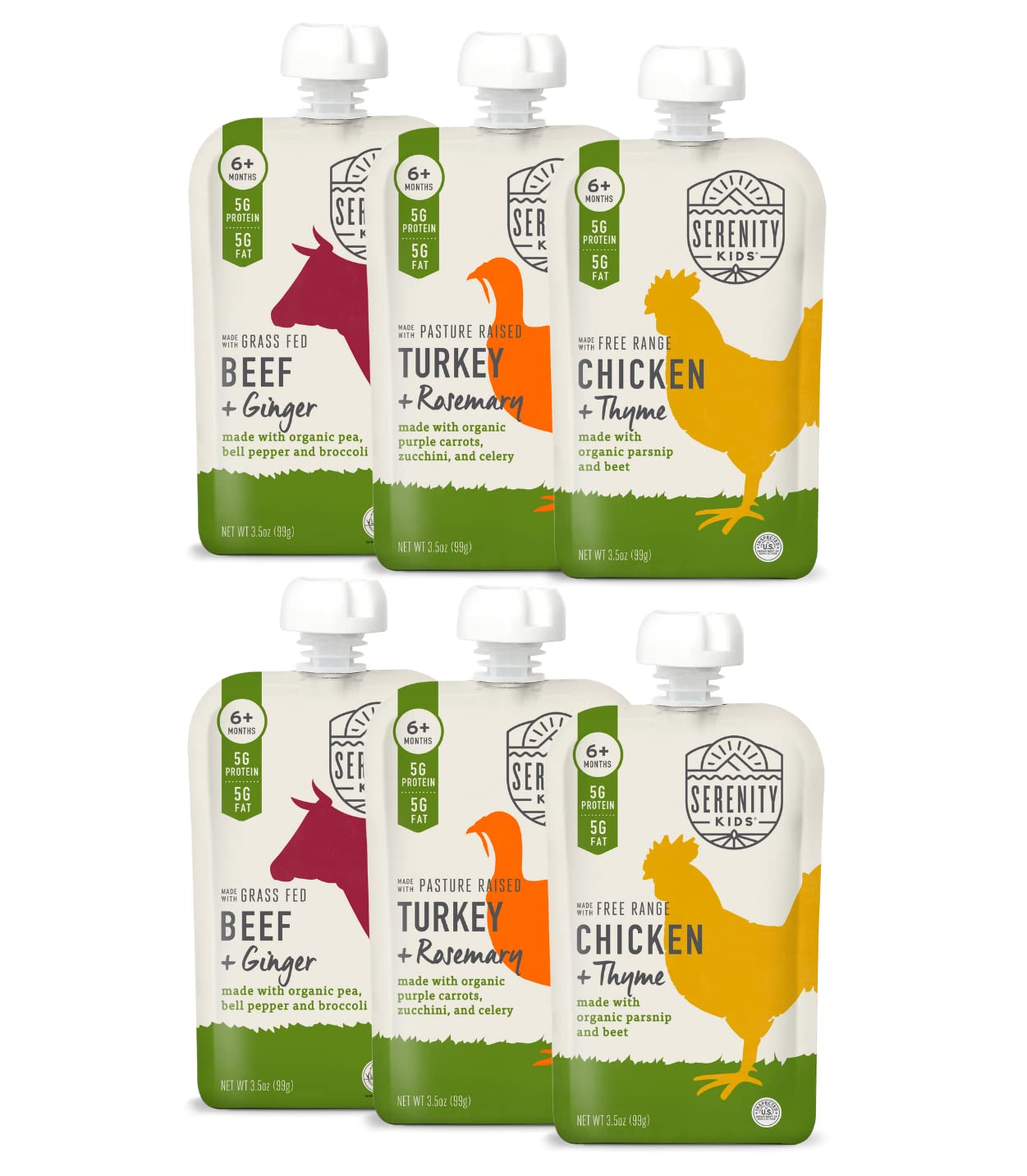 Serenity Kids 6+ Months Baby Food Pouches Puree Made With Ethically Sourced Meats & Organic Veggies | 3.5 Ounce Bpa-Free Pouch | Meats + Herbs Variety Pack | 6 Count