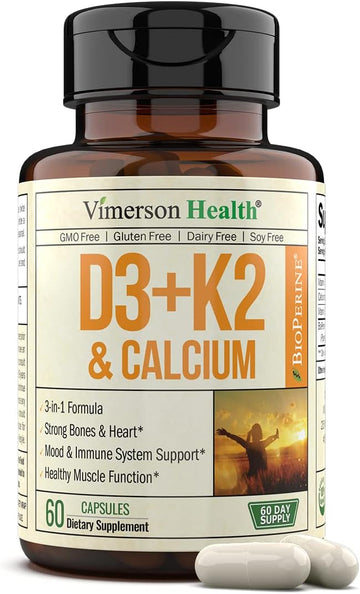 Vitamin D3, K2 Calcium Supplement with BioPerine for Immune & Bone Health - Vitamin D 5000 IU + Vitamin K2 as MK7 + Calcium. 4 in 1 Support: Strong Bones & Teeth Plus Joint & Heart Health. 60 Capsules