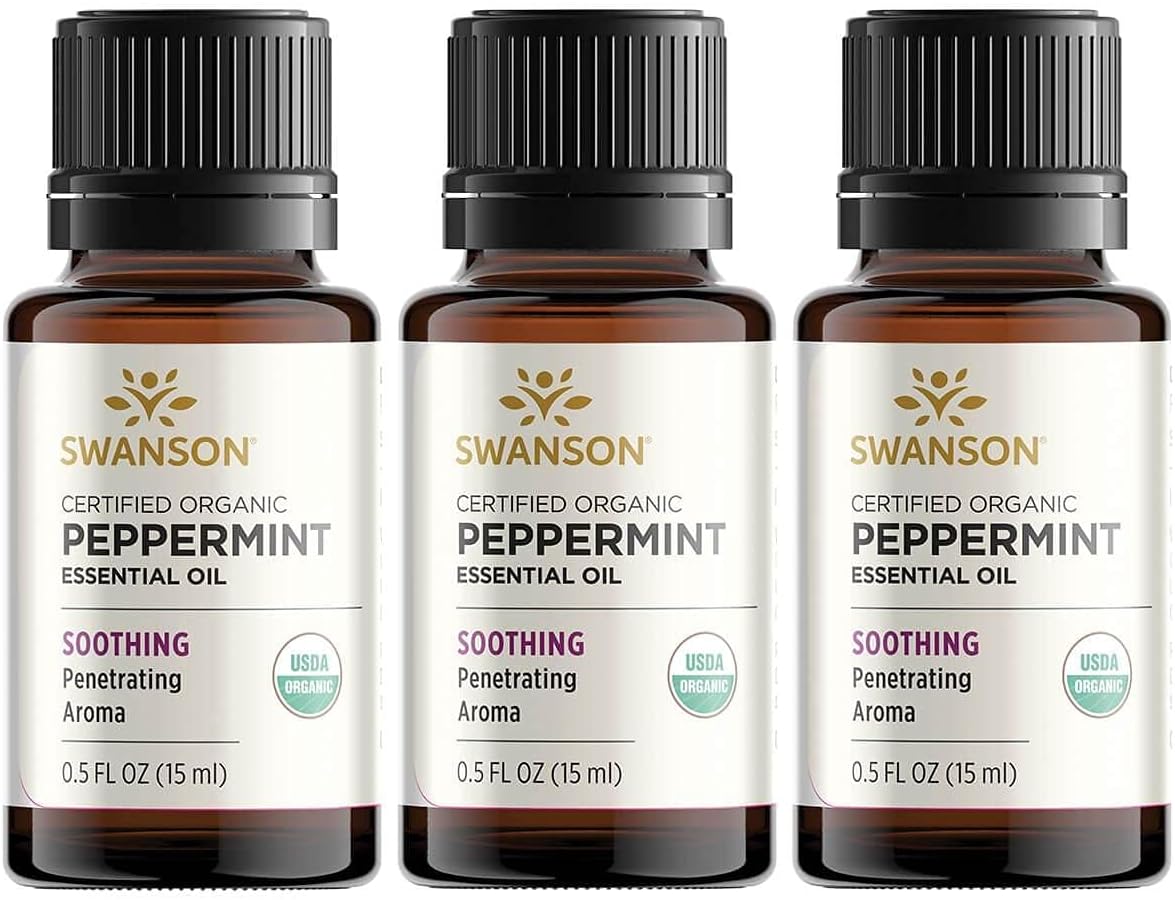 Swanson Certified Organic Peppermint Essential Oil 0.5 Fl Ounce (15 Ml) Liquid (3 Pack)