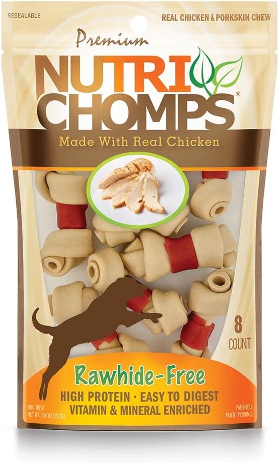 Nutrichomps Dog Chews, 2.5-Inch Knots, Easy To Digest, Long Lasting, Rawhide-Free Dog Treats, 8 Count, Real Chicken Flavor