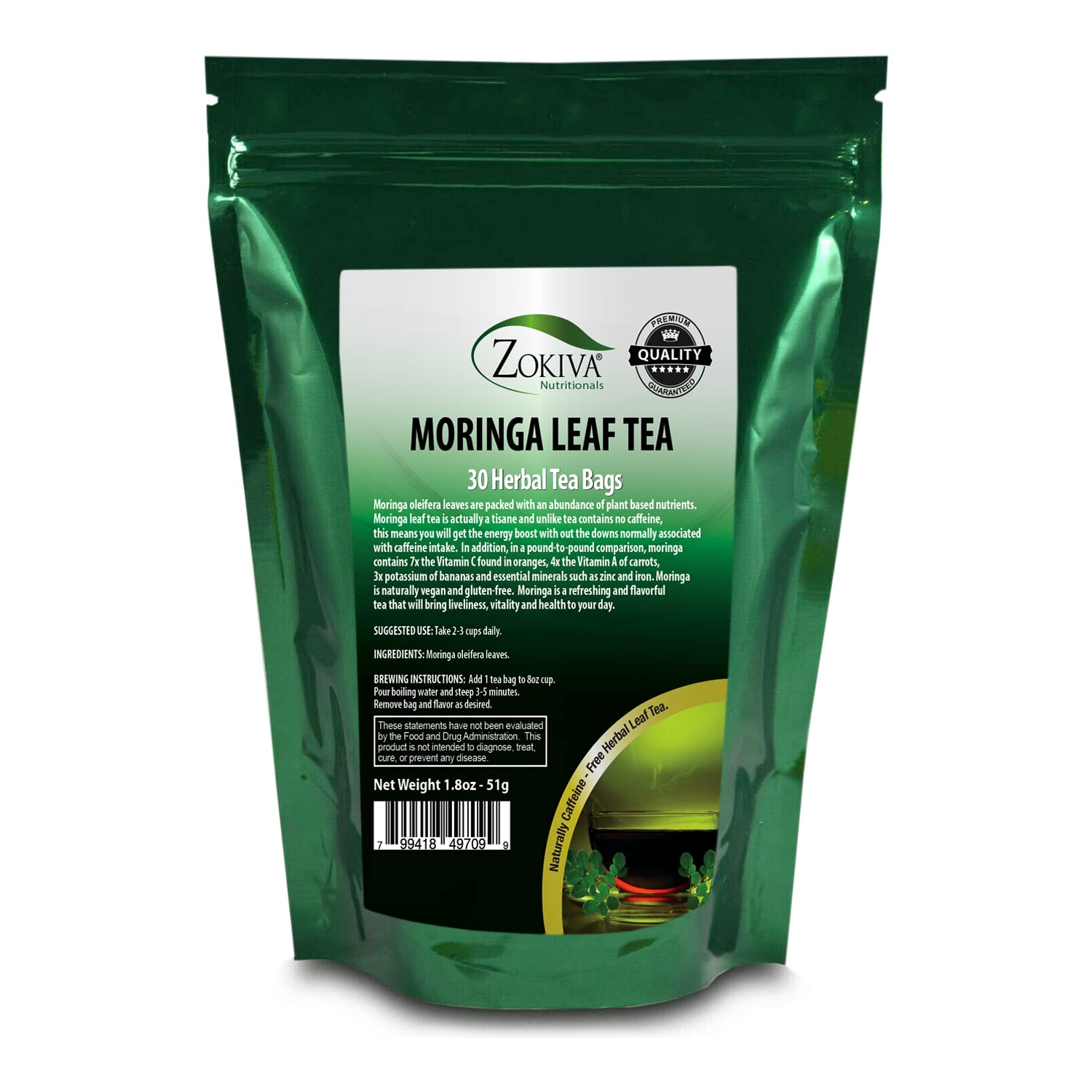 Moringa Tea 30 Organic Tea Bags - A Natural Caffeine-Free Source For Vitamins, Minerals & Antioxidants - Great Vegan Energy Booster By Zokiva Nutritionals