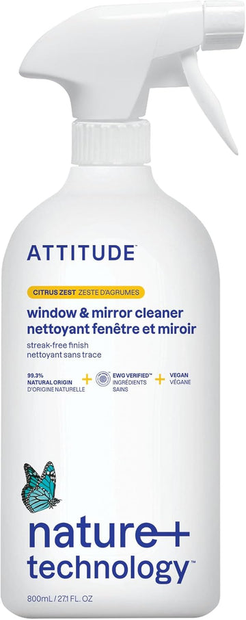 Attitude Window And Mirror Cleaner, Ewg Verified, Plant- And Mineral-Based Ingredients, Vegan And Cruelty-Free Household Products, Citrus Zest, 27.1 Fl Oz