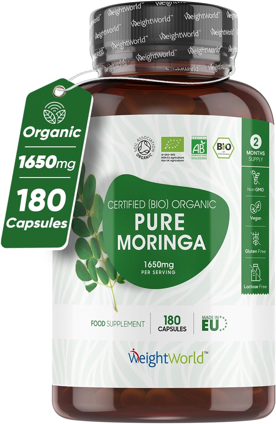 Organic Moringa Capsules 1650Mg - 180 Vegan Moringa Leaves Capsules (2 Months Supply) - Soil Association Certified Pure Moringa Powder Supplement (Not Moringa Tablets) - High Strength Moringa Oleifera