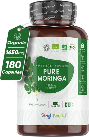 Organic Moringa Capsules 1650Mg - 180 Vegan Moringa Leaves Capsules (2 Months Supply) - Soil Association Certified Pure Moringa Powder Supplement (Not Moringa Tablets) - High Strength Moringa Oleifera