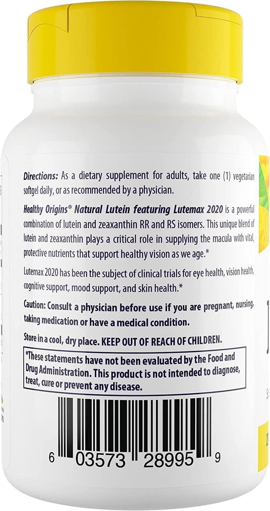 Healthy Origins Lutein 20 Mg (Lutemax 2020 With Zeaxanthin, Non-Gmo, Vegan, Eye Support), 60 Veggie Gels