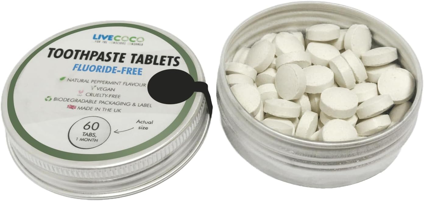 Livecoco Remineralising Whitening Toothpaste Tablets, Fluoride-Free, Teeth Whitening Tabs For Clean Teeth And Fresh Breath, Vegan And Travel Friendly, Peppermint Flavour, Pack Of 60 Tabs