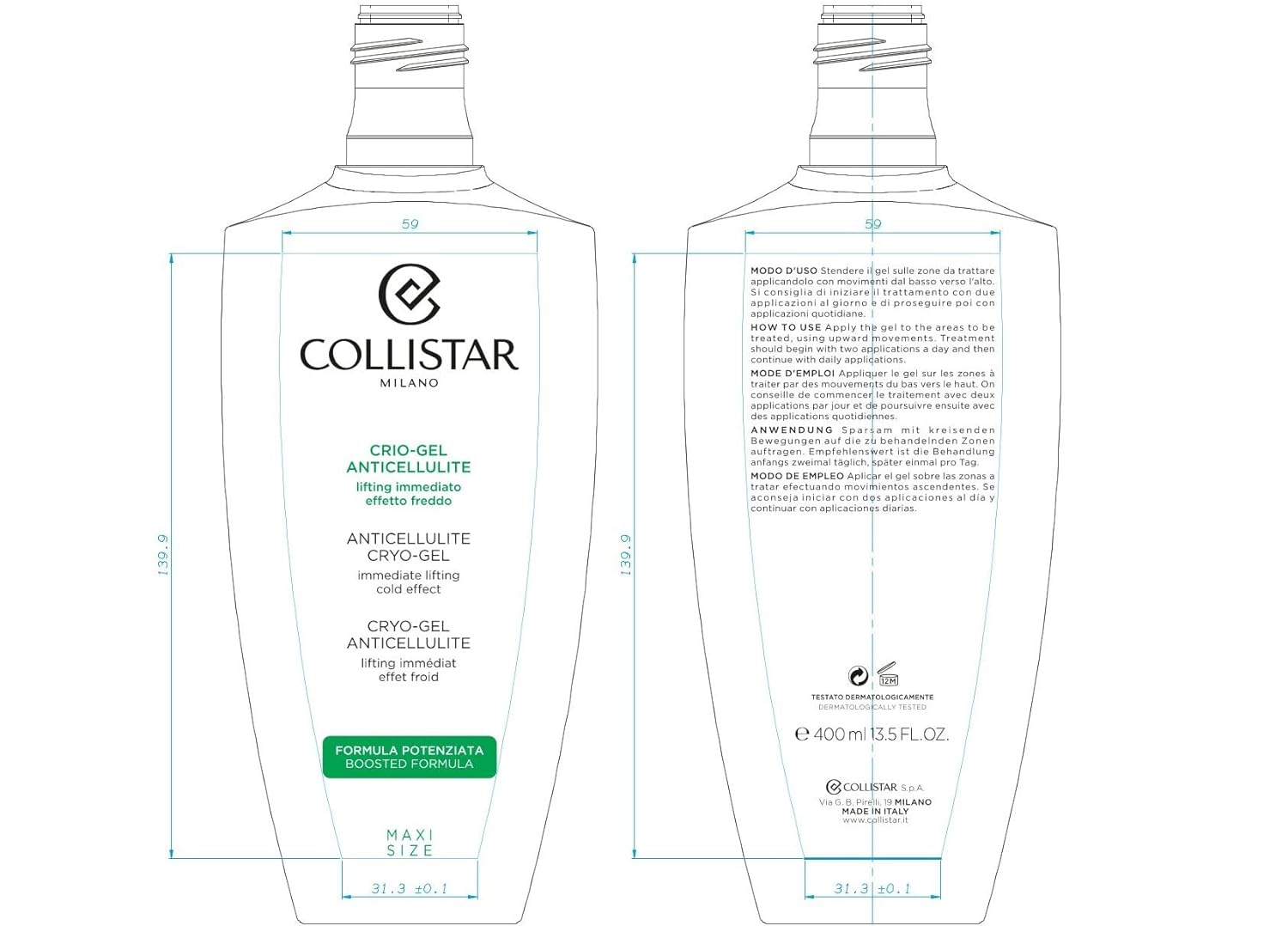 Collistar Anti-Cellulite Kryo Gel Body Cream With Cooling Effect, Stimulates Microcirculation And Fluid Drainage For Orange Peel, Heavy Legs And Sensitive Capillaries 400Ml : Beauty & Personal Care