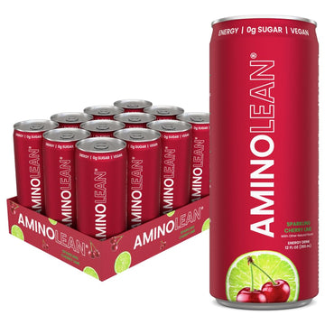 Aminolean Energy Drink – Sugar Free Amino Energy With Natural Caffeine & Vegan Amino Acids For No Jitters, Tingles, Or Crash, Cherry Lime, 12 Pack