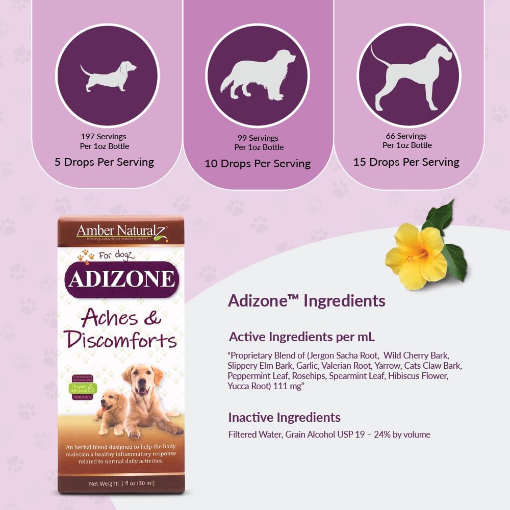 Amber Naturalz Adizone Herbal Supplement For Dogs | Supports A Healthy Inflammatory Response, Occasional Discomfort, And Joint Function | Natural Aid For Active And Aging Canines : Pet Bone And Joint Supplements : Pet Supplies