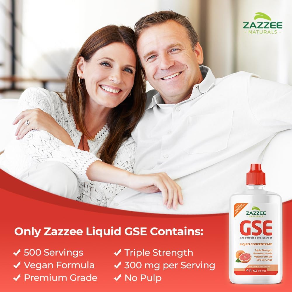 Zazzee Grapefruit Seed Extract (GSE) 4 Ounces | 500 Servings | 300 mg per Serving | 3X Potency | Maximum Strength | High Absorption | Vegan, Liquid Concentrate, Non-GMO and All-Natural : Health & Household