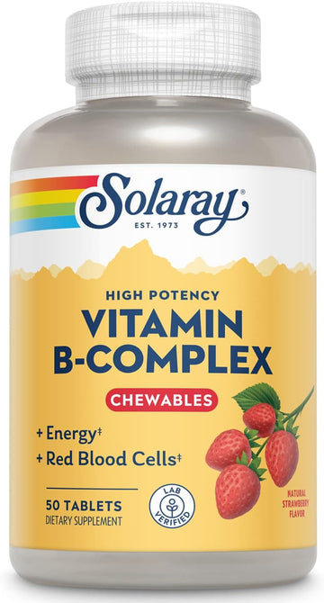 Solaray Vitamin B-Complex Chewables, Strawberry, Healthy Energy, Red Blood Cell, Stress & Metabolism Support, 50 Tablets