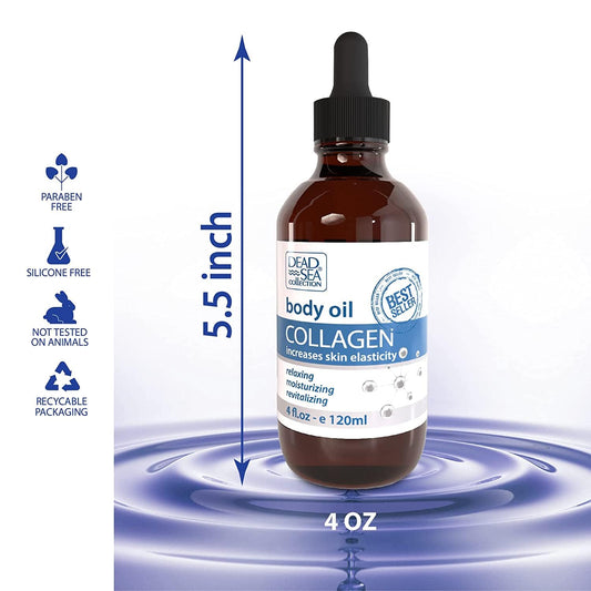 Dead Sea Collection Body Oil For Dry Skin - Collagen & Vitamin E - Moisturizing & Nourishing, Anti-Aging & Skin Elasticity Support For Face (4 Fl. Oz Each)