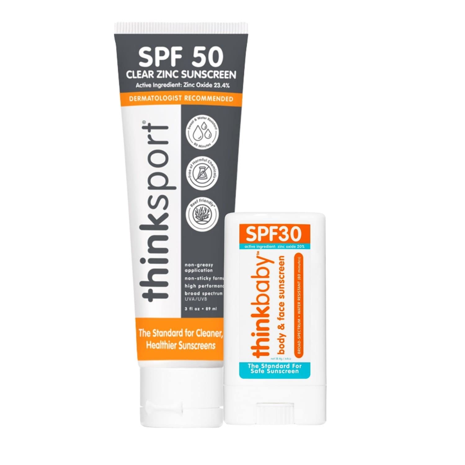 Thinksport SPF 50 Clear Zinc Sunscreen 3 Oz + Thinkbaby SPF 30 Sunscreen Stick 0.64oz